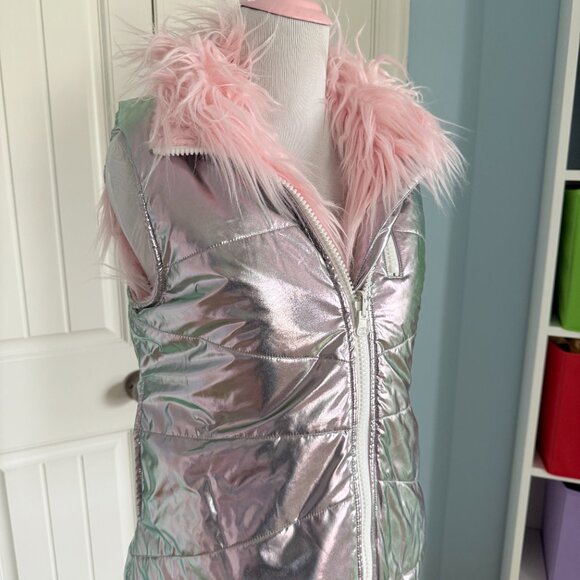 Dolls Kill Sugar Thrillz Reversible Pastel Pink Fur Shiny Silver Puffer Vest - Picture 12 of 14